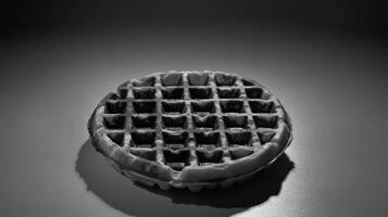 Black and White Still Life of A Single Round Waffle on A Gray Background photo