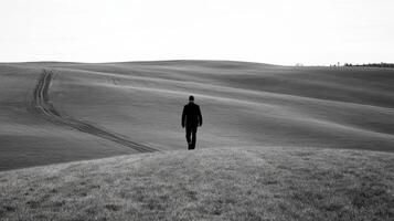 Solitary Figure Walking on Rolling Hills Monochrome Landscape photo