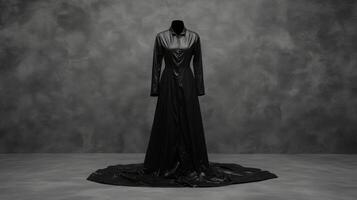 Dramatic Full Length Black Gown Display on Form Against Grey Wall photo