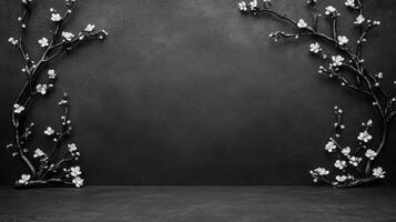 Monochrome Cherry Blossom Branches Frame on Dark Background photo