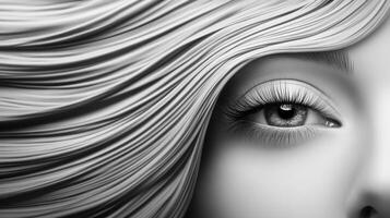 Monochrome Close Up of Elegant Female Eye with Flowing Stylized Hair photo