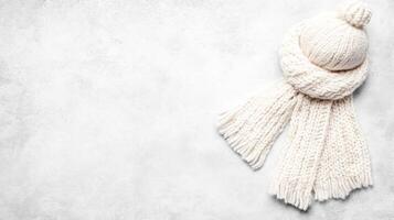 Cream White Knit Scarf and Bobble Hat on Light Grey Backdrop photo