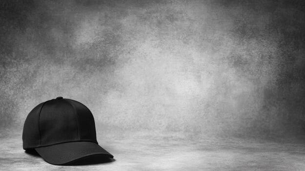 Simple Black Baseball Cap Isolated on Grey Textured Background photo