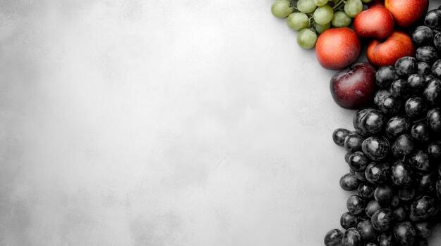Fresh Fruit Corner Composition with Peaches and Grapes on Grey Surface photo
