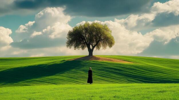 Solitary Figure Contemplating Tree on Green Hill Under Cloudy Sky Serene Scene photo