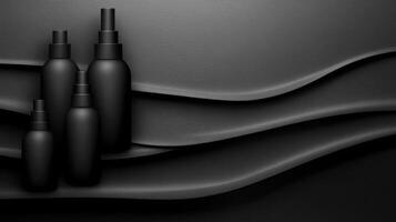 Minimalist Group of Black Product Bottles on Dark Backdrop photo