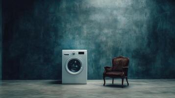 Washing Machine and Armchair in Empty Room Setting photo