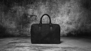 Black Leather Briefcase on Gray Concrete Floor Setting photo