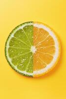 Split Citrus Slice Half Lime and Half Orange on Yellow photo