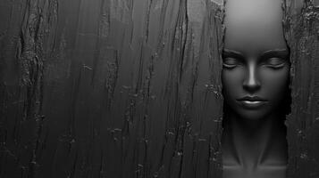 Sculptural Mannequin Face Emerging From Textured Dark Wall photo