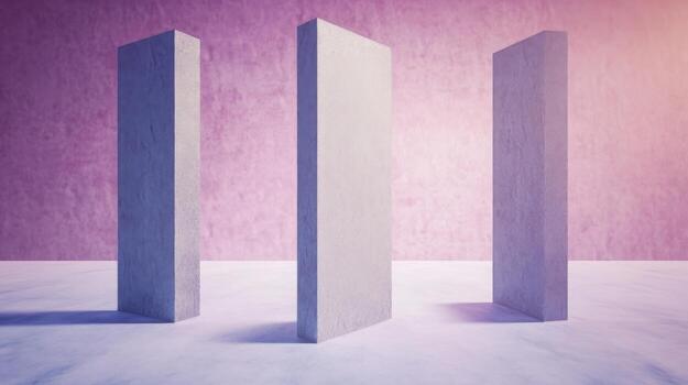 An abstract arrangement of three towering stone pillars against a pastel backdrop photo