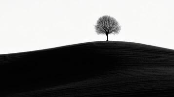 A lonely tree against the background of a dark hill and a bright sky photo