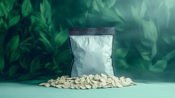 Packaging of a dry product on a background of green leaves photo