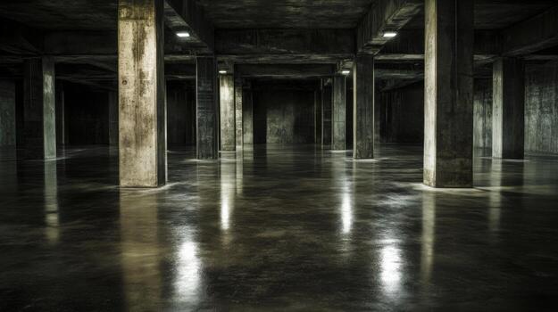 A dark, empty room with a reflection of light on the floor photo