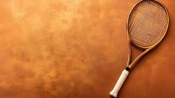 A yellow tennis racket lies on an orange textured background photo