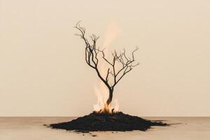 A burning tree silhouetted against ashes and flames is a tragedy and a metaphor of life photo