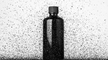 Minimalist black shampoo bottle in a dynamic splatter setting photo