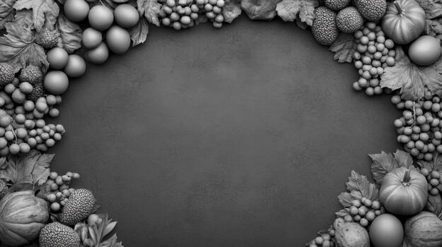 Monochrome autumnal bounty frame with fruits and vegetables photo