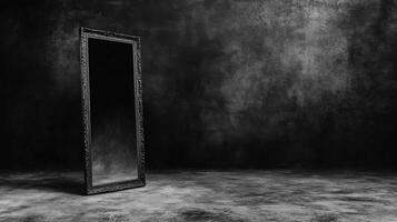 Ornate Framed Mirror Stands Against Dark Textured Wall photo