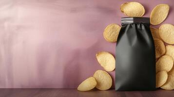 A Black Package with Potato Chips on a Pink and Wood Surface photo