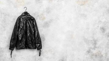 Black Jacket Suspended Against a Textured Light Background photo