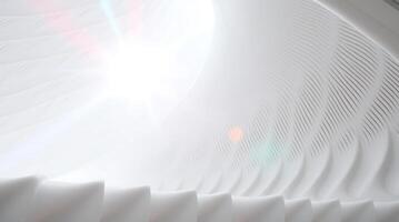 A white spiral staircase with a sun shining through it photo