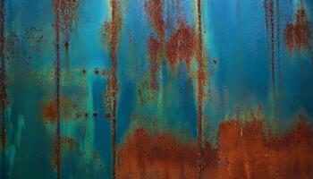 Abstract Texture of Weathered Blue and Rusted Metal Surface Showcasing Vibrant Colors and Intricate Patterns in Natural Light photo