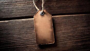 Blank Brown Tag Resting on Rustic Wooden Surface With Soft Lighting Highlighting Its Texture and Details photo
