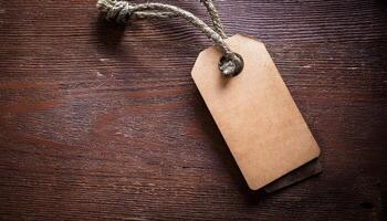 Empty Brown Tag Hanging From a Rope on a Rustic Wooden Surface With Natural Lighting Creating a Warm Atmosphere photo