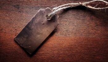 Rustic Tag Resting on a Wooden Surface With a Textured Finish During Afternoon Light photo