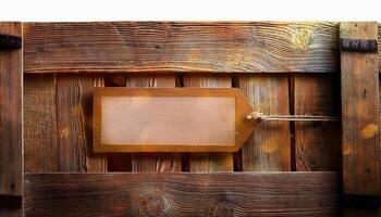 Rustic Wooden Background Featuring an Empty Tag for Labeling or Decoration Purposes photo