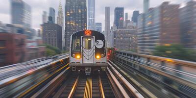 A sleek subway train emerges from a motion blur against a backdrop of towering skyscrapers in an urban setting. photo