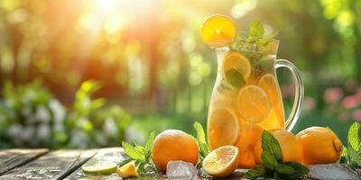 Refreshing citrus lemonade served in a glass pitcher, garnished with fresh mint, perfect for a sunny day. photo