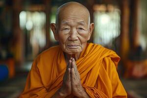 An elderly Asian monk in an orange robe, with hands in a prayer position, exuding peace and wisdom. photo