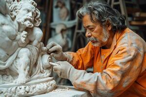 An elderly man sculpting a statue in a workshop, showcasing his expertise and dedication to the craft. photo