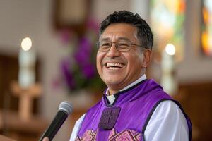 Smiling Hispanic male priest delivers a heartfelt sermon in a vibrant church setting. photo