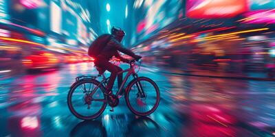 A male cyclist rides swiftly through a vibrant cityscape at night, illuminated by neon lights and reflections on wet pavement. photo