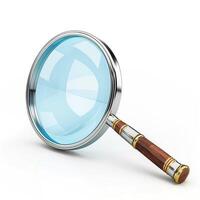 A stylish magnifying glass with a wooden handle and blue glass lens, perfect for investigations or reading fine print. photo