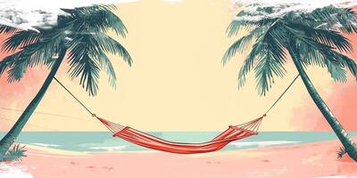 A serene view of a hammock swaying between two palm trees on a beach, with a warm sunset aura. photo