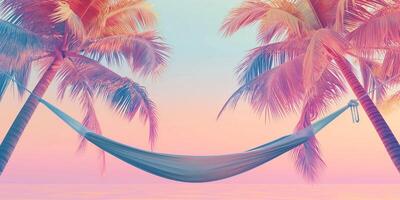 A serene scene featuring a hammock suspended between two palm trees, bathed in pastel colors during sunset. photo