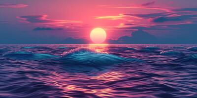 A breathtaking sunset over calm ocean waves, blending hues of pink and purple, creating a tranquil and serene atmosphere. photo