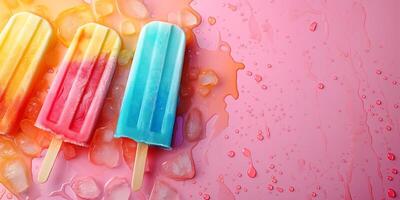 Colorful ice pops melting on a vibrant pink background, creating a refreshing summer vibe. photo
