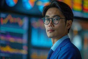 A focused Asian male professional in a blue suit analyzes financial data, exuding confidence and determination. photo