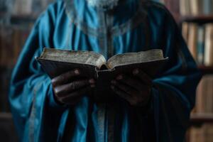 A man of African descent in a blue robe reads an ancient book, showcasing a moment of deep reflection and wisdom. photo