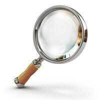 A close-up image of a stylish magnifying glass with a sleek chrome frame and a textured handle. photo