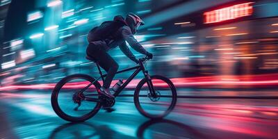 A male cyclist in urban setting speeds by at night, illuminated by vibrant neon lights and streaks of motion blur. photo