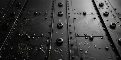 Close-up of textured black metal panels with rivets, showcasing a rugged and industrial surface. photo