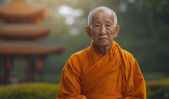 An elderly Asian monk in an orange robe, serene expression, seated outdoors with a traditional pagoda in the background. photo