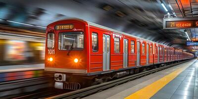A vibrant red subway train speeds through a modern station, capturing the energy of urban transit. photo