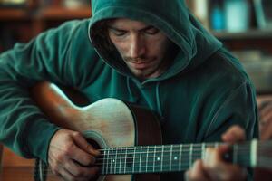 Close-up of a young male musician, wearing a hoodie, deeply focused on playing an acoustic guitar indoors. photo